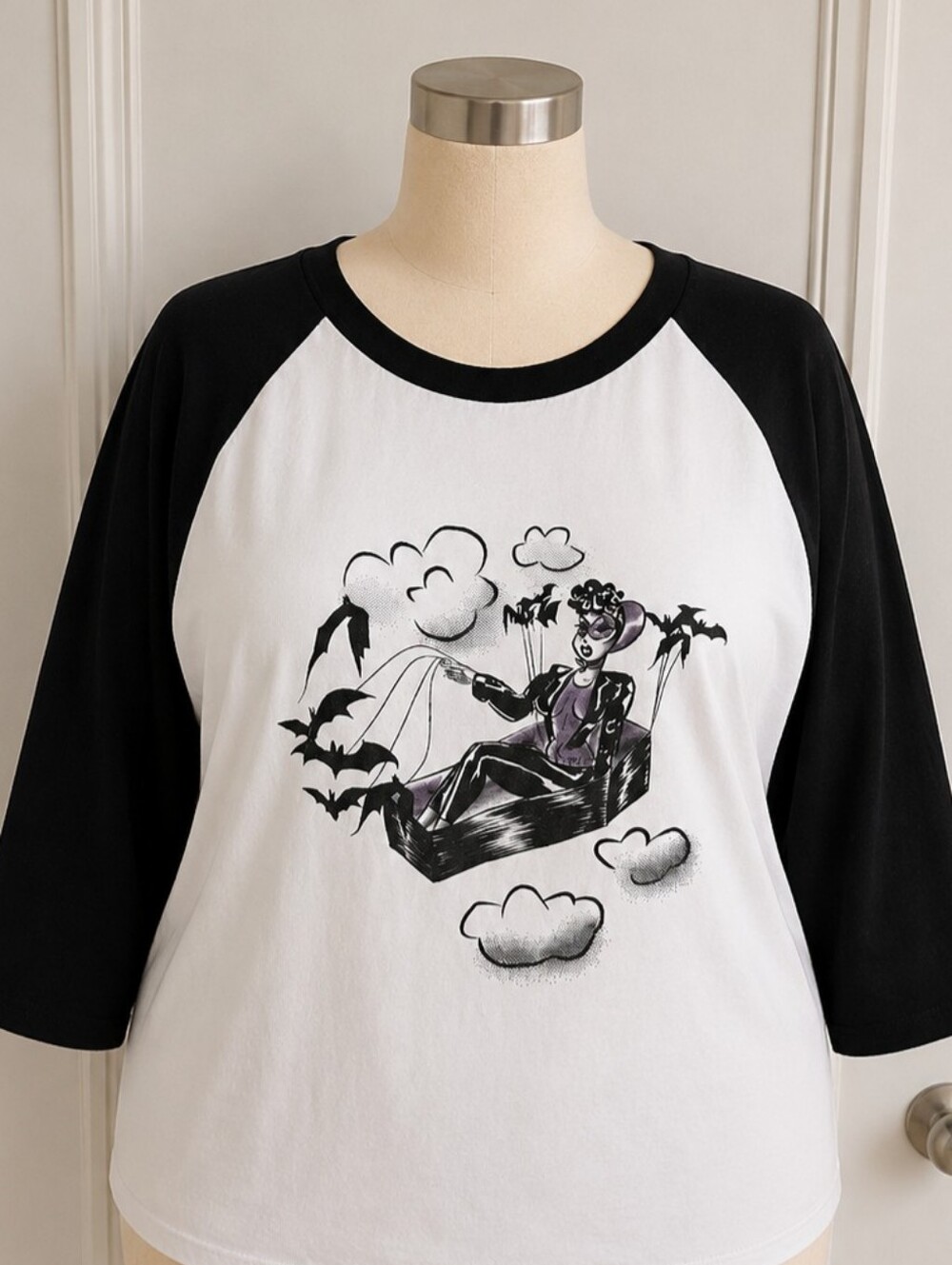 Black & White Raglan Graphic Tee with Gothic Coffin Design